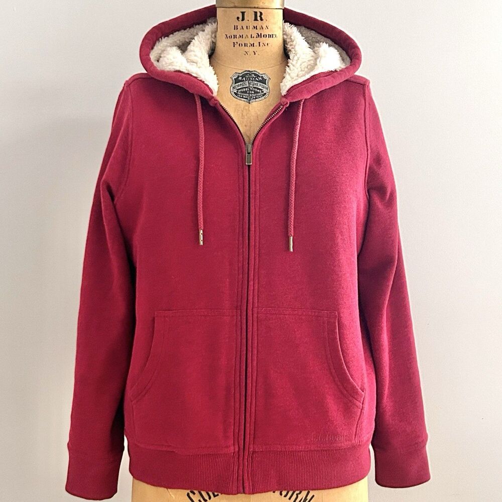 L.L. Bean Sherpa Lined Hoodie Red Women’s Petite Medium PM Full Zip Fleece